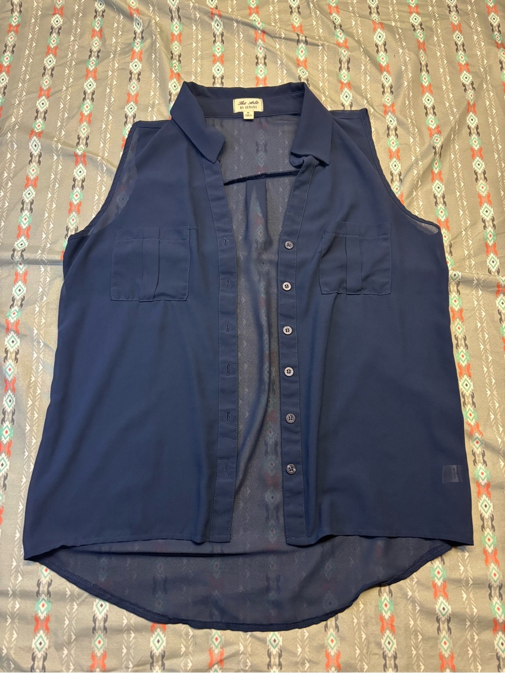 🍄Sheer Navy Sleeveless Button-Down Top